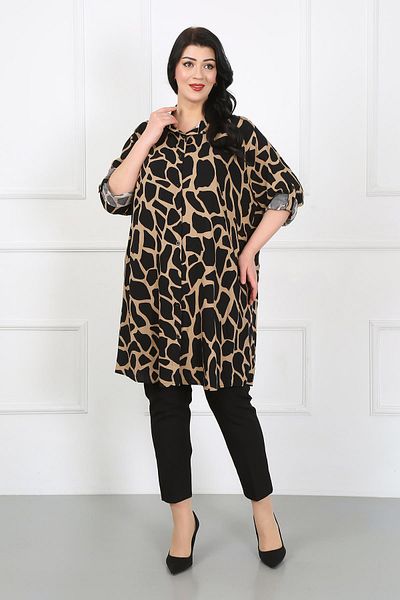 By Alba Collection Plus Size Mink Patterned Cotton Viscose Women's Tunic