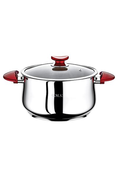OMS Yummy 1036 - 8 Piece Induction Stainless Steel Cookware Set - Silver Body, Red Detail