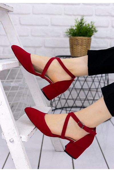 Demashoes Women's Red Suede Cross Classic Heeled Shoes