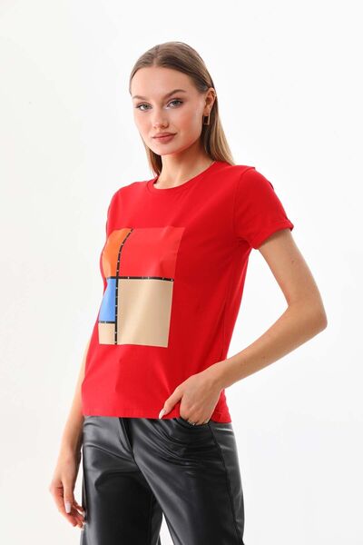 Sistas Women's Cotton Print Detailed Short Sleeve Blouse 23163 Red