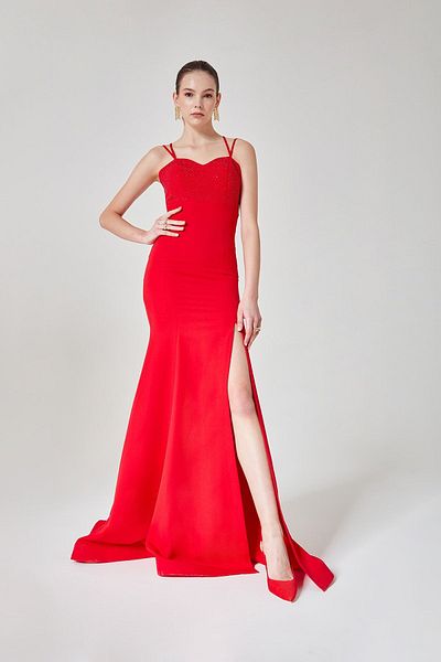 ESCOLL Women's Front and Back Stone Detailed Evening Dress 1821