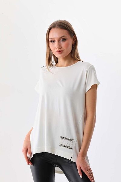 Büşra Triko Women's Pearl Decorated Short Sleeve Combed Cotton Blouse 19463 Ecru