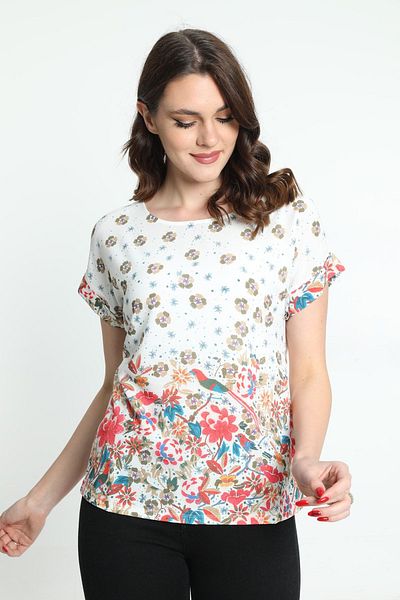 ELLA CAMELIA Women's Short Sleeve Patterned Blouse 5010038 Ecru