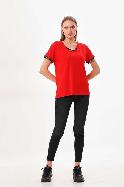 Sistas Women's V-Neck Short Sleeve Blouse 23152 Red