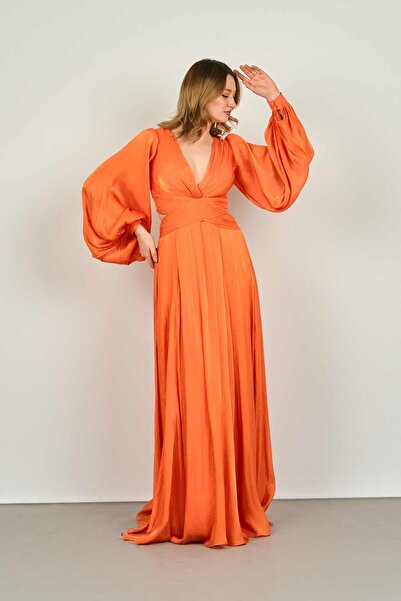 ŞEREF VURAL Women's V-Neck Back Tie Detailed Balloon Sleeve Evening Dress 8217 Orange