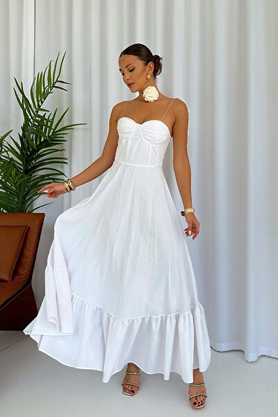 Mine Tan Butik Rochie de mișcare albă - Detaliu cravată pe umeri și fustă cu mânere la piept