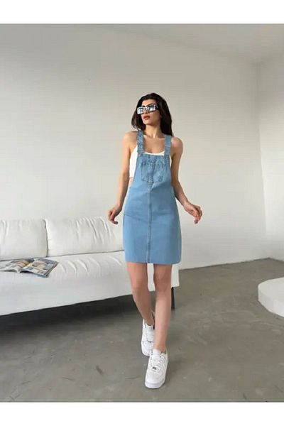 SOPHİA STAR Women's Strappy Denim Salopet Skirt