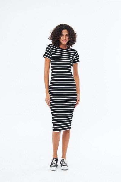 Chandraswear Black Long Striped Women's Dress - Short Sleeve, Summer