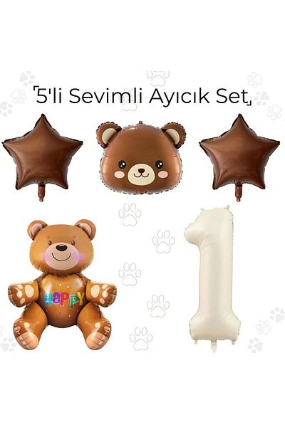 Konsept Sepeti Set of 5 Retro Age Balloon - Cute Bear, Jumbo Sitting Bear Star Bear Head