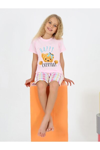vitmo Kız Çocuk Kısa Kollu Kapri %100 Pamuklu Happy Bear Pijama Takımı
