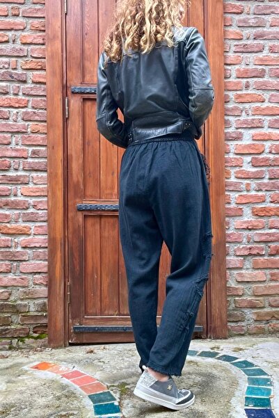 Güneşkızı Women's Black Elastic Waist Washed Linen Look Filthy Stitching Detailed Loose Baggy Trousers RSD1196