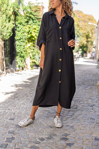 Güneşkızı Rochie cămașă casual de buzunar cu mânecă liliac de in negru Bst3282