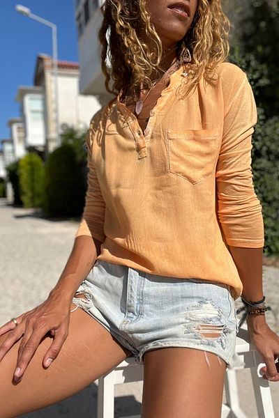 Güneşkızı Women's Orange Washed Single Pocket Blouse Gk-Cck60015