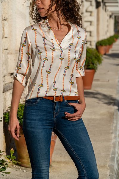 Güneşkızı V-Neck Ecru Satin Women's Blouse - Patterned, Bstt4011-2015