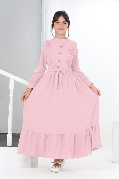 Asortik Kids Young Girl Aerobin Linen Fabric Long Length Hijab Dress 11Age-12Age-13Age-14Age-15Age