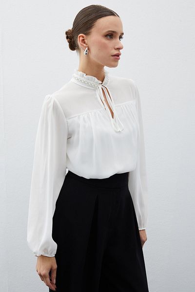 Sateen Casual Blouse with Accessory Detail - Ecru