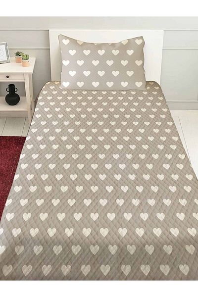 Else Dekor Gray Heart Patterned Single Pillowed Printed Bedspread Pique Set 160x220cm