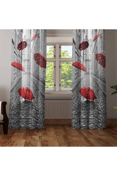 Else Dekor Streets with Red Umbrellas 3d Decorative Modern Background Curtain