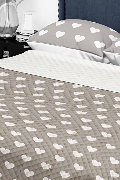 Else Dekor Gray Heart Patterned Double Pillowed Printed Bedspread Pique Set 200x220cm