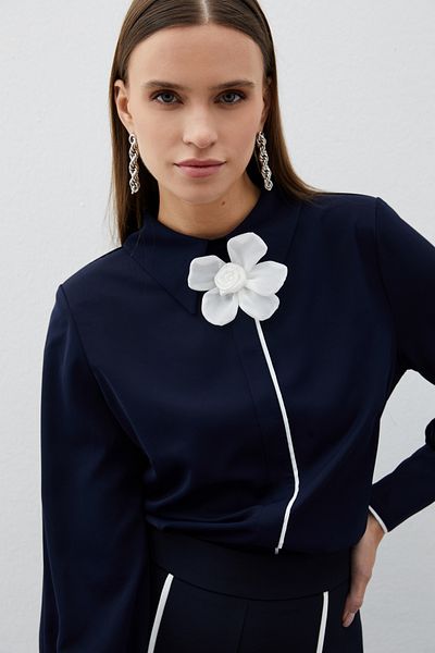 Sateen Navy Blue Blouse - Collar Floral Detail