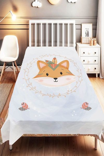 Else Dekor Blue Brown Patterned Bohemian Fox Children's and Baby's Bedspread - Decorative