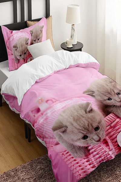 Else Dekor Pink Cute Cats - Set de lenjerie de pat pentru copii din satin de bumbac imprimat cu modele