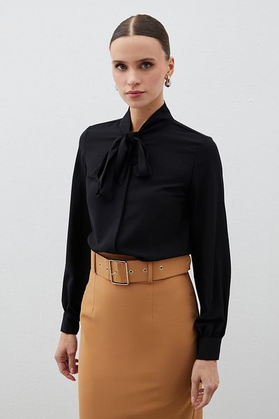 Sateen Black Plain Shirt - Tie-Up Collar