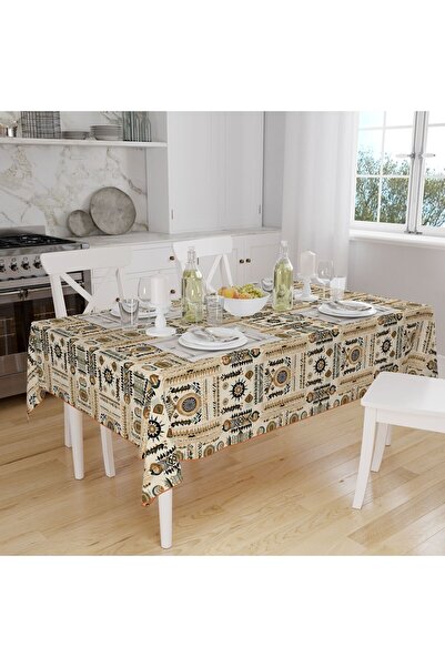 Else Dekor Кафява покривка за маса от плат с ретро шарки и дигитален щампован ефект от лен, устойчива на петна