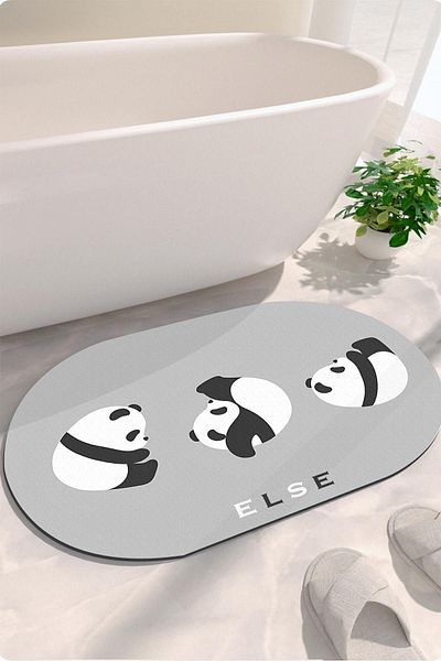 Else Dekor Γκρι Λευκό Panda με μοτίβο ντους που απορροφά νερό Μπροστινό χαλάκι μπάνιου Κάθισμα τουαλέτας One Piece Oval