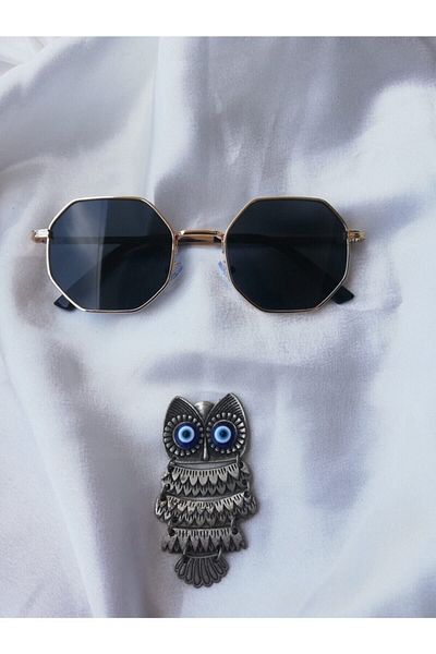 ONNObutik Unisex Gold Color Geometric Framed Black Sunglasses