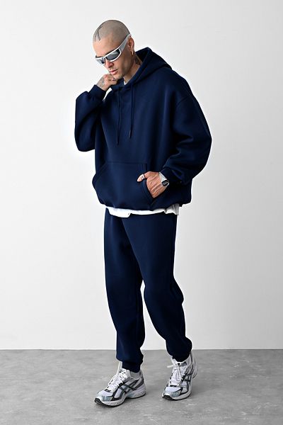 BayBayan Ανδρικό σετ φόρμας με κουκούλα Navy Blue 3 νήματα