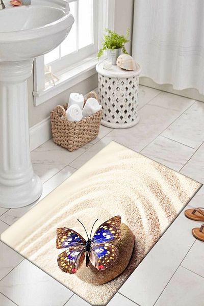Else Halı Μοκέτα μπάνιου Else Blue Sand Butterfly με μοτίβο που πλένεται αντιολισθητική βάση