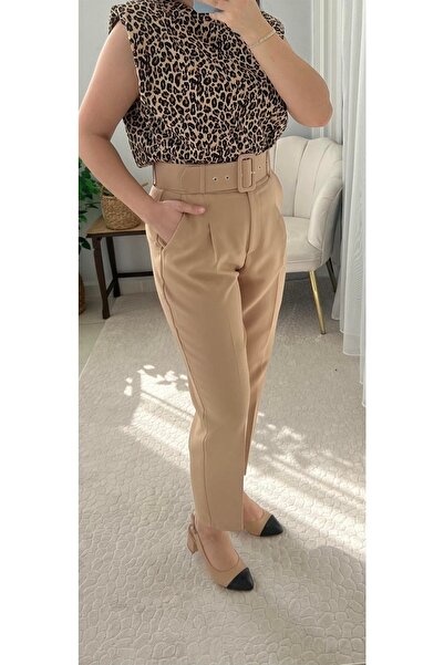 PatutA ButiK Camel Kemer Detaylı Yüksek Bel Kumaş Pantolon