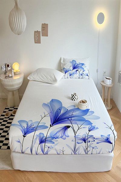 Else Halı Blue Floral Printed Patterned Elastic Single Pillowed Elastic Sheet Set 90x190cm