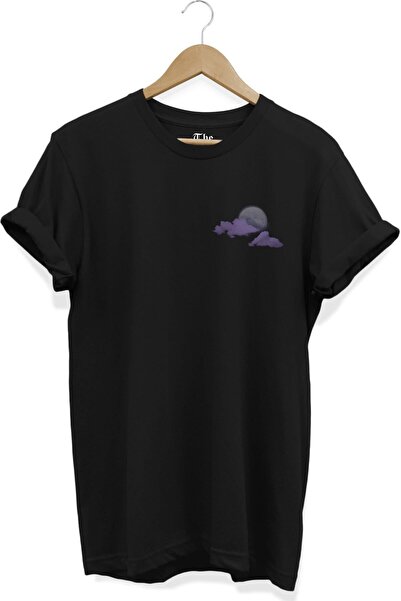 The Baski Unisex crna retro T-shirt - Mesec i oblak Štampano, kratki rukav
