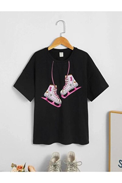 NoVibe Children's Unisex Oversize Black Ice Skating Printed T-shirt