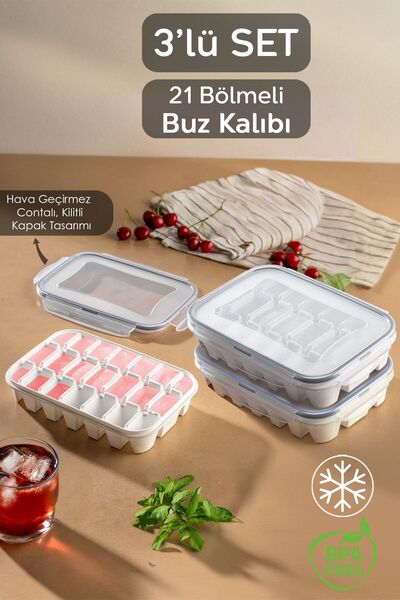 Meleni Home 3'lü 21 Bölmeli Sızdırmaz Kilitli Buz Kalıbı Seti - Kapaklı Hava Geçirmez Buzluk - Vakumlu Buz Kabı