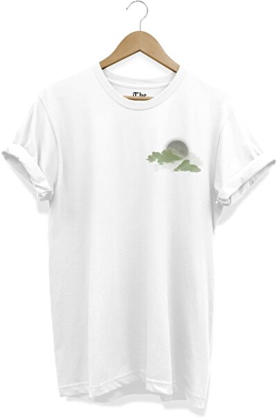 The Baski Tricou alb unisex cu mânecă scurtă, imprimat cu lună și nor