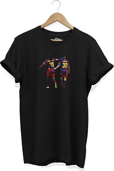The Baski Siyah Unisex Messi Ve Ronaldinho Futbol Baskılı Kısa Kollu T-shirt