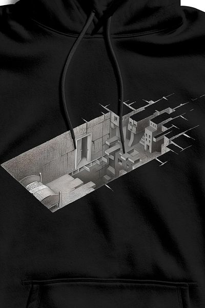 The Baski Hanorac negru unisex cu imprimeu arhitectural cu buzunar cangur
