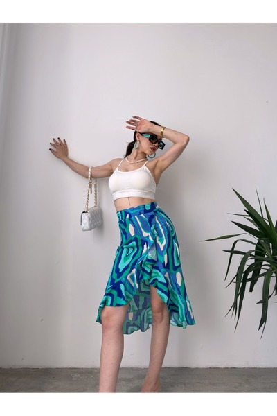 aytenli Βισκόζη Vintage Μπλε Πράσινη Ασύμμετρη Φούστα πάνω από το Γόνατο