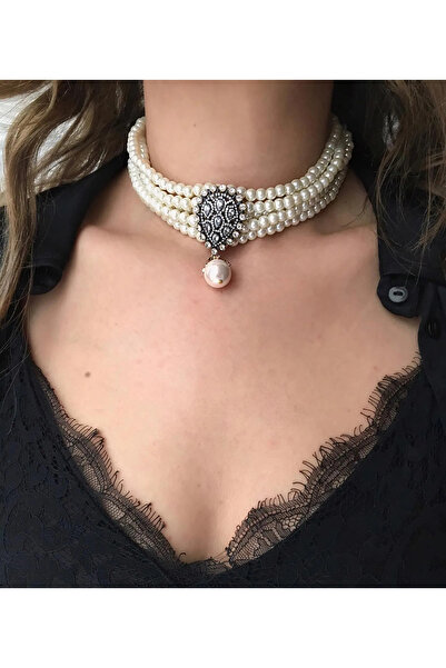 vogutima Kadın İnci Kolye - 5 Sıra Cam Inci Tasarım Choker - Elmas Montür Hürrem Sultan Modeli Gelin Düğün