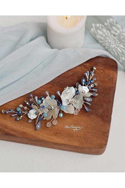 Elen Tasarım Mavi Çiçekli , Mavi Taşlı Saç Aksesuarı , Taşlı Mavi Gelin Tacı