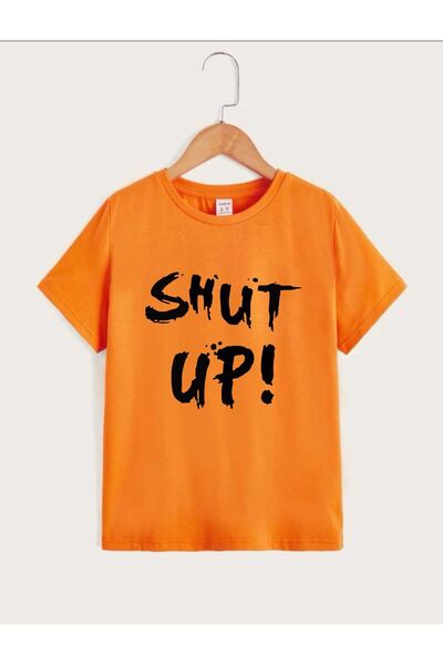 NoVibe Оранжева детска тениска с голям размер - с надпис „Shut Up“