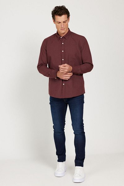 AC&Co / Altınyıldız Classics Cămașă pentru bărbați, roșu Claret, cu tăietură îngustă, cu guler cu nasturi ascunși