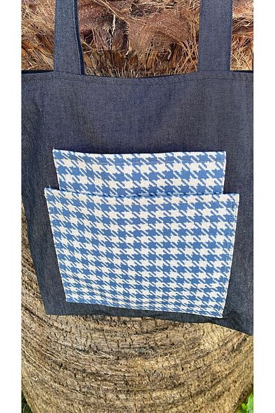 Handream Blue Gray Tote Shoulder Bag - Front Pocket and Houndstooth Pattern