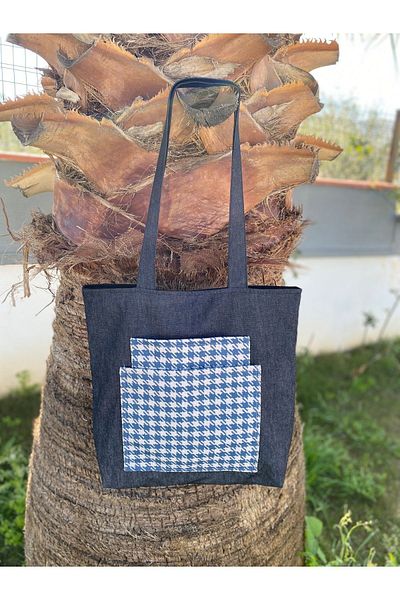 Handream Blue Gray Tote Shoulder Bag - Front Pocket and Houndstooth Pattern