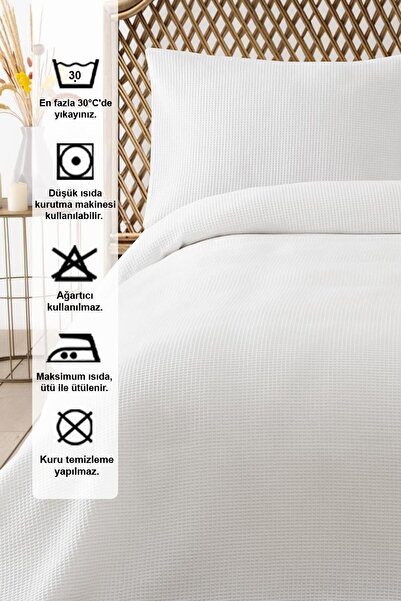 Denizli Concept Double White Waffle Pike Set - Soft and Air Permeable Seasonal Bedspread - 3 Pieces