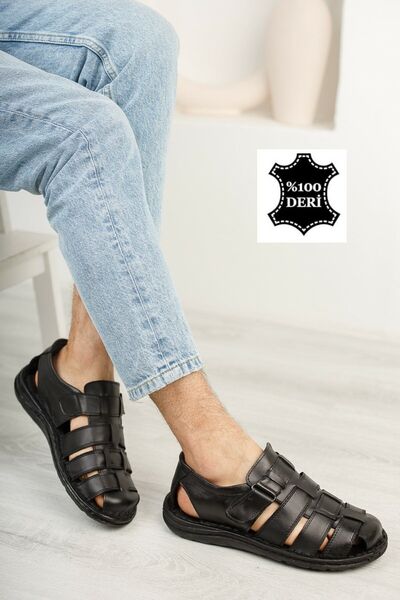 Moda İkiz Ανδρικά μαύρα παπούτσια σανδάλια από γνήσιο δέρμα