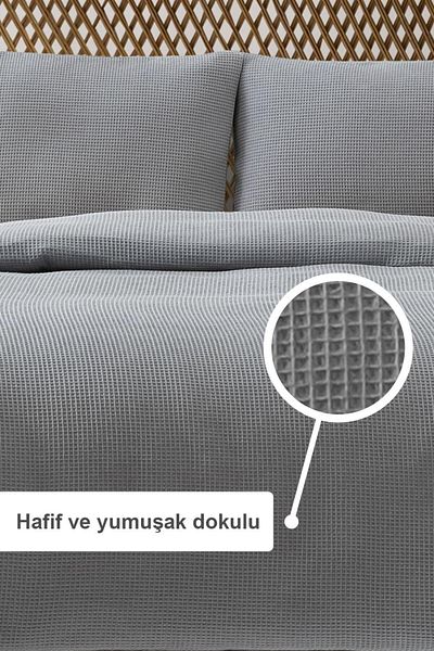 Denizli Concept Double Gray Waffle Pike Set - Lightweight Bedspread - Cooling and Soft 3 Pieces